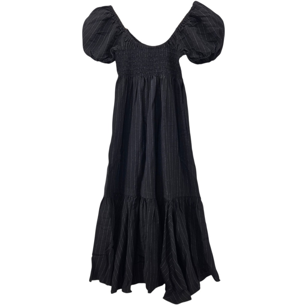 La Ligne Dress Women's Large Amy Pinstripe Maxi Black Ruffle Linen Resort Cruise